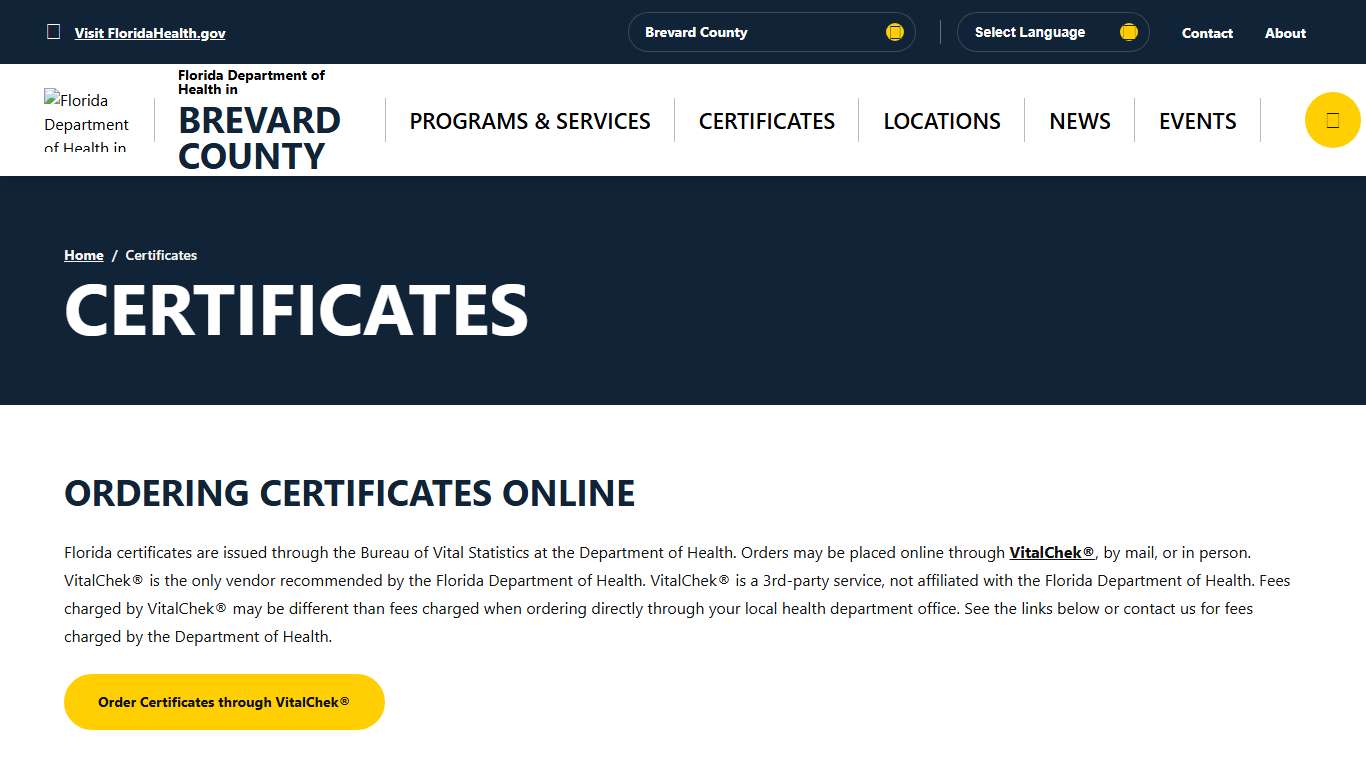 Certificates - Florida Department of Health in Brevard County
